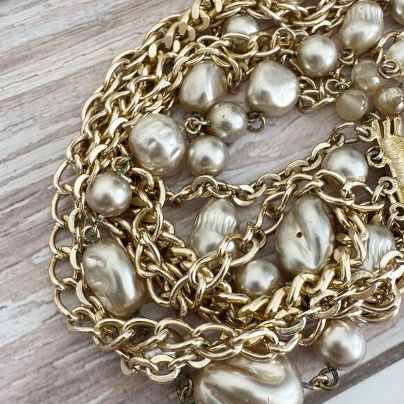 1950's MCM Coro 8 Strand Gold Chain and Pearl Bead Choker Bib Necklace 15” - Picture 8 of 11